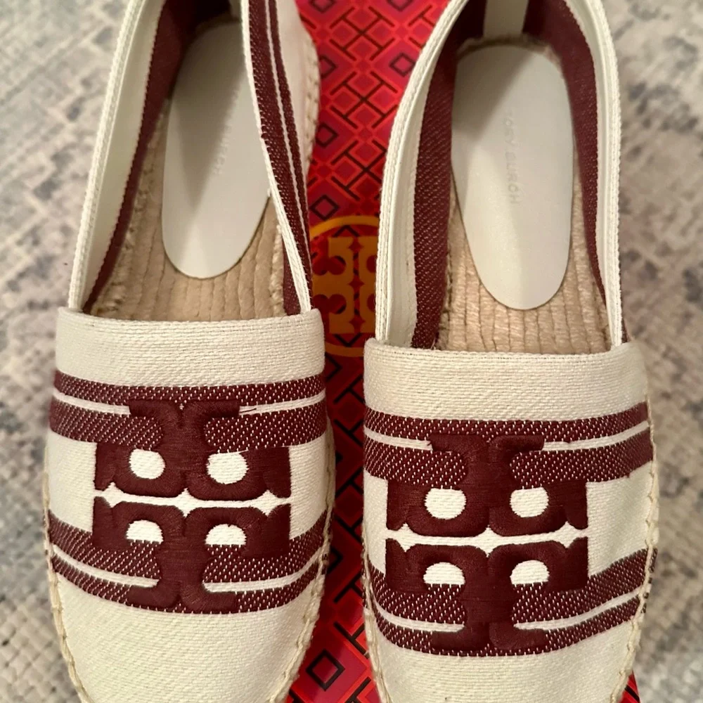 Tory Burch DOUBLET JACQUARD ESPADRILLE STRIPE LOGO Women's Burgundy and Cream 9